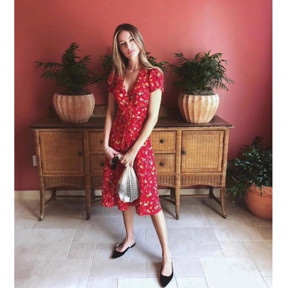 Boho Red Floral print Wrap Midi Dress gypsy - Picture 2 of 6